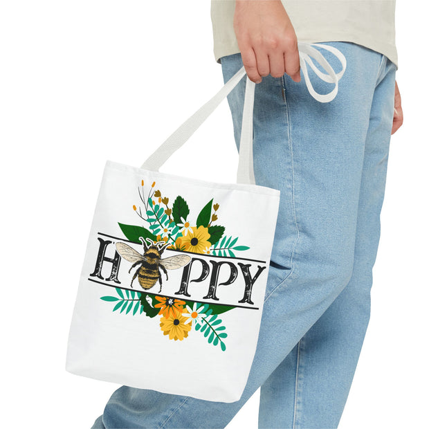 Happy Bee Floral Tote Bag, Bright Shopper, Eco-Friendly Gift, Spring Style, Mother's Day, Floral Design
