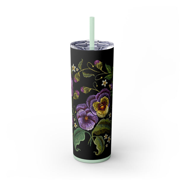 Embroidery Designed Skinny Tumbler with Straw, 20oz