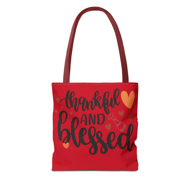 Thankful and Blessed Tote Bag, Gratitude Gift, Red AOP Bag, Fall Decor, Holiday Essentials, Everyday Use