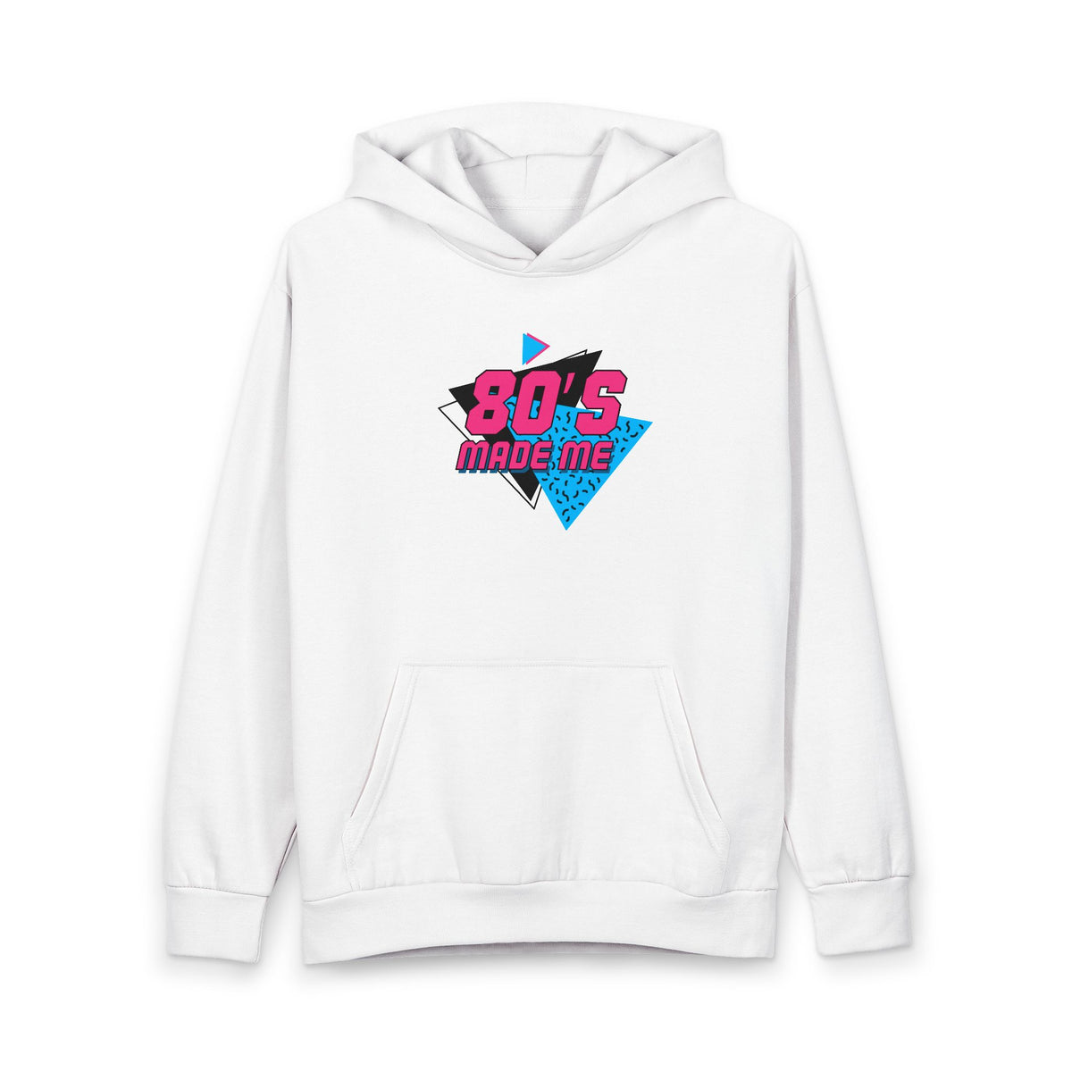White hoodie with '80s Made Me' graphic on a white background