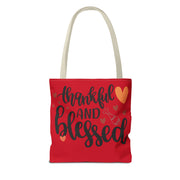 Thankful and Blessed Tote Bag, Gratitude Gift, Red AOP Bag, Fall Decor, Holiday Essentials, Everyday Use