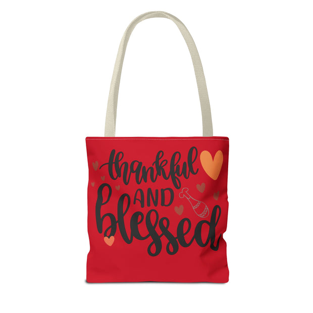 Thankful and Blessed Tote Bag, Gratitude Gift, Red AOP Bag, Fall Decor, Holiday Essentials, Everyday Use