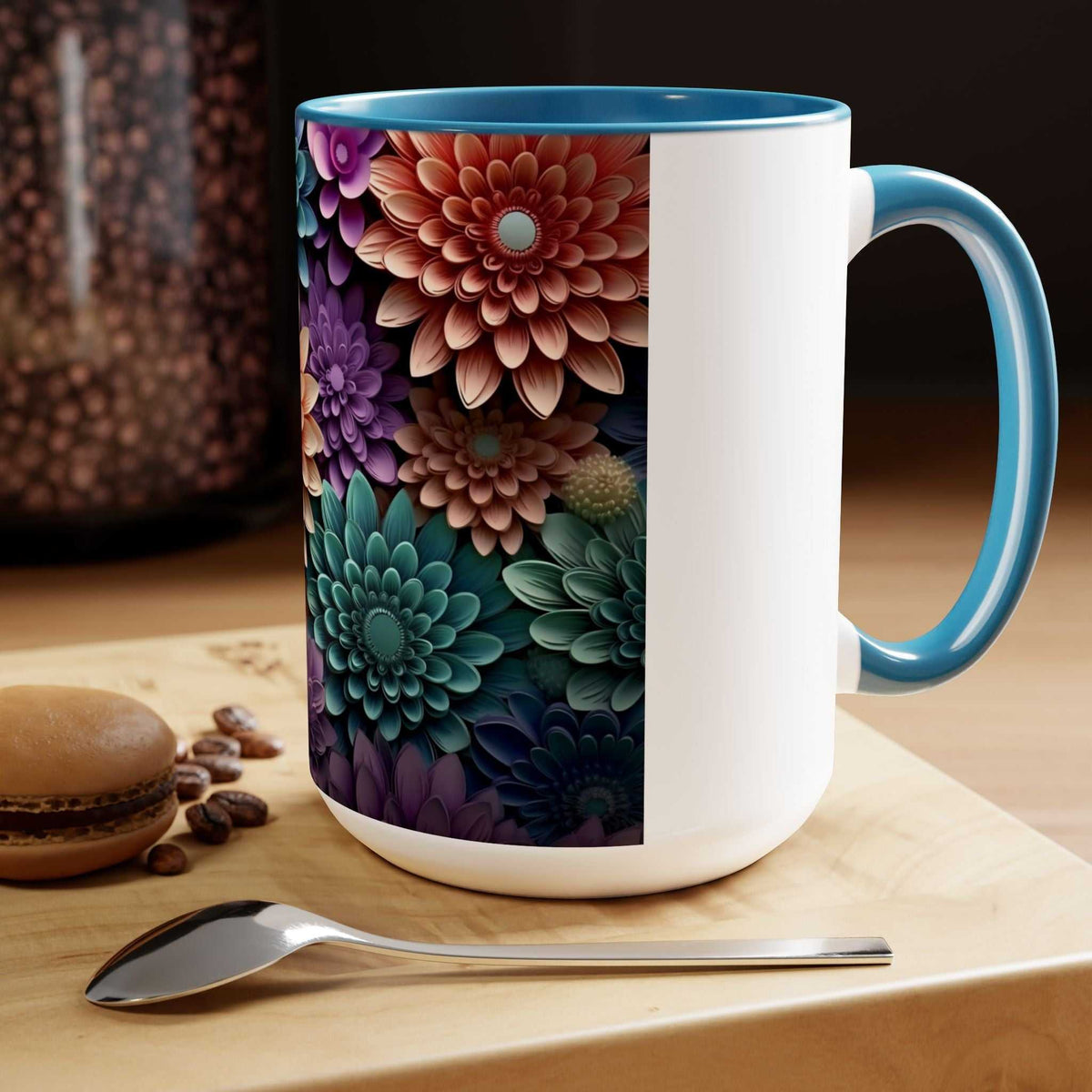 Floral Two-Tone Coffee Mugs, 15oz