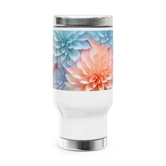 Take to the great outdoors with your favorite beverage in hand, all thanks to these custom stainless steel travel mugs. Each mug holds 14 oz. of your favorite beverage and is made with adventure-friendly stainless steel. With a glossy white enamel finish, a spill-proof and snap-on cap, as well as a lined-in insulating plastic, this mug combines character with an explorer's favorite, practicality.