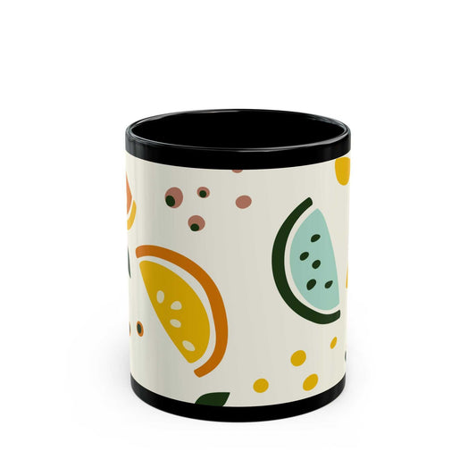 11oz black ceramic mug with colorful watermelon and citrus fruit design, microwave and dishwasher safe
