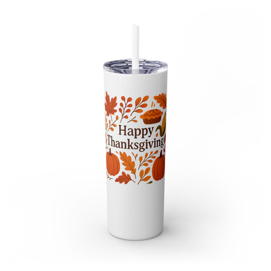 White tumbler with 'Happy Thanksgiving' design on a white background