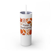 White tumbler with 'Happy Thanksgiving' design on a white background