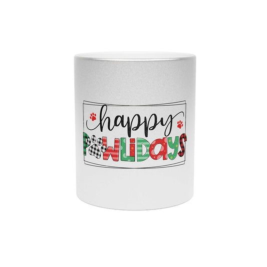 Silver metallic mug with "happy pawlidays" festive text and paw print design, 11oz capacity