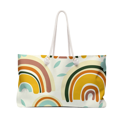 Tote bag with colorful rainbow pattern on a white background