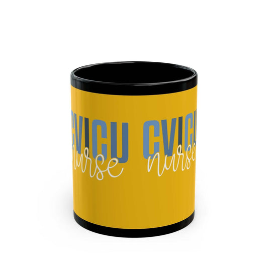 Black ceramic CVICU Nurse mug with yellow exterior and blue and white text, available in 11oz and 15oz sizes