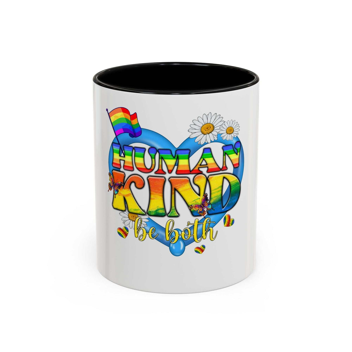 Add some color to your routine with this two-tone, Human-Kind Be Both custom accent coffee mug. This 11oz mug features an accented C-Handle that is comfortable to use, as well as an accented interior to add more contrast and character. 