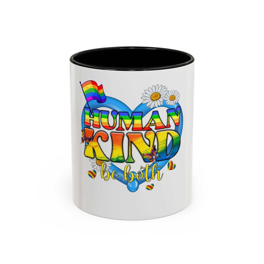 Add some color to your routine with this two-tone, Human-Kind Be Both custom accent coffee mug. This 11oz mug features an accented C-Handle that is comfortable to use, as well as an accented interior to add more contrast and character. 