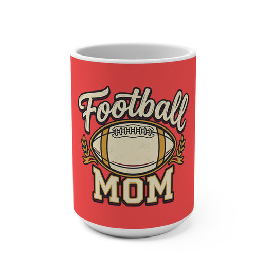 Red mug with 'Football Mom' design on a white background