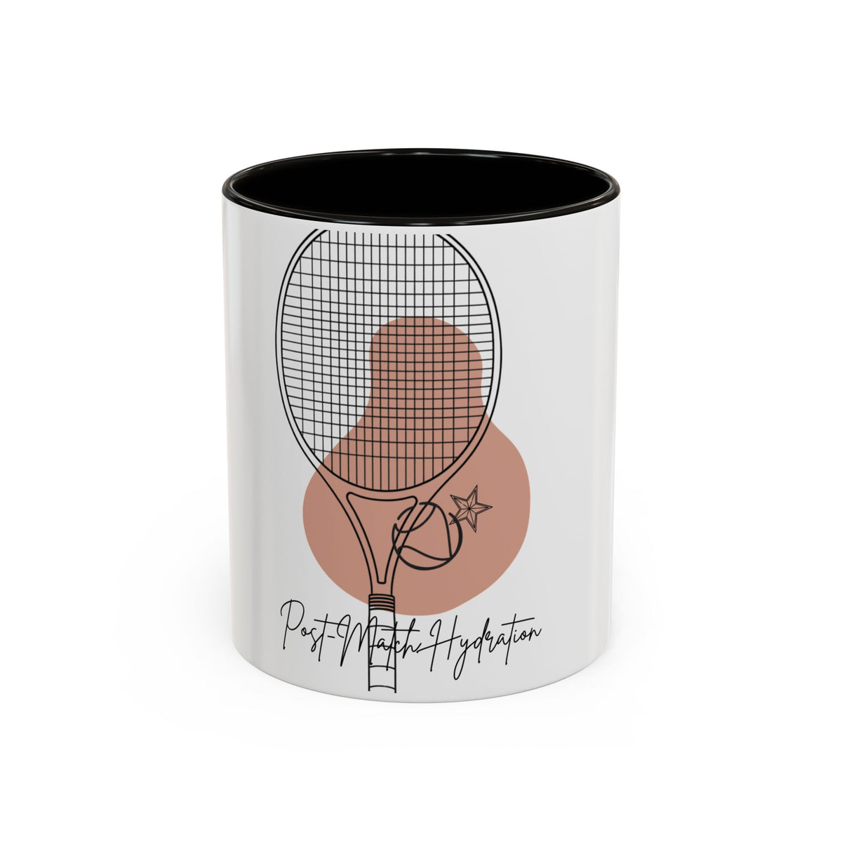 Mug with tennis racket design and 'Post Match Hydration' text on a white background