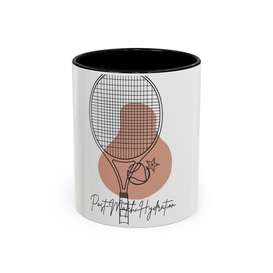 Mug with tennis racket design and 'Post Match Hydration' text on a white background