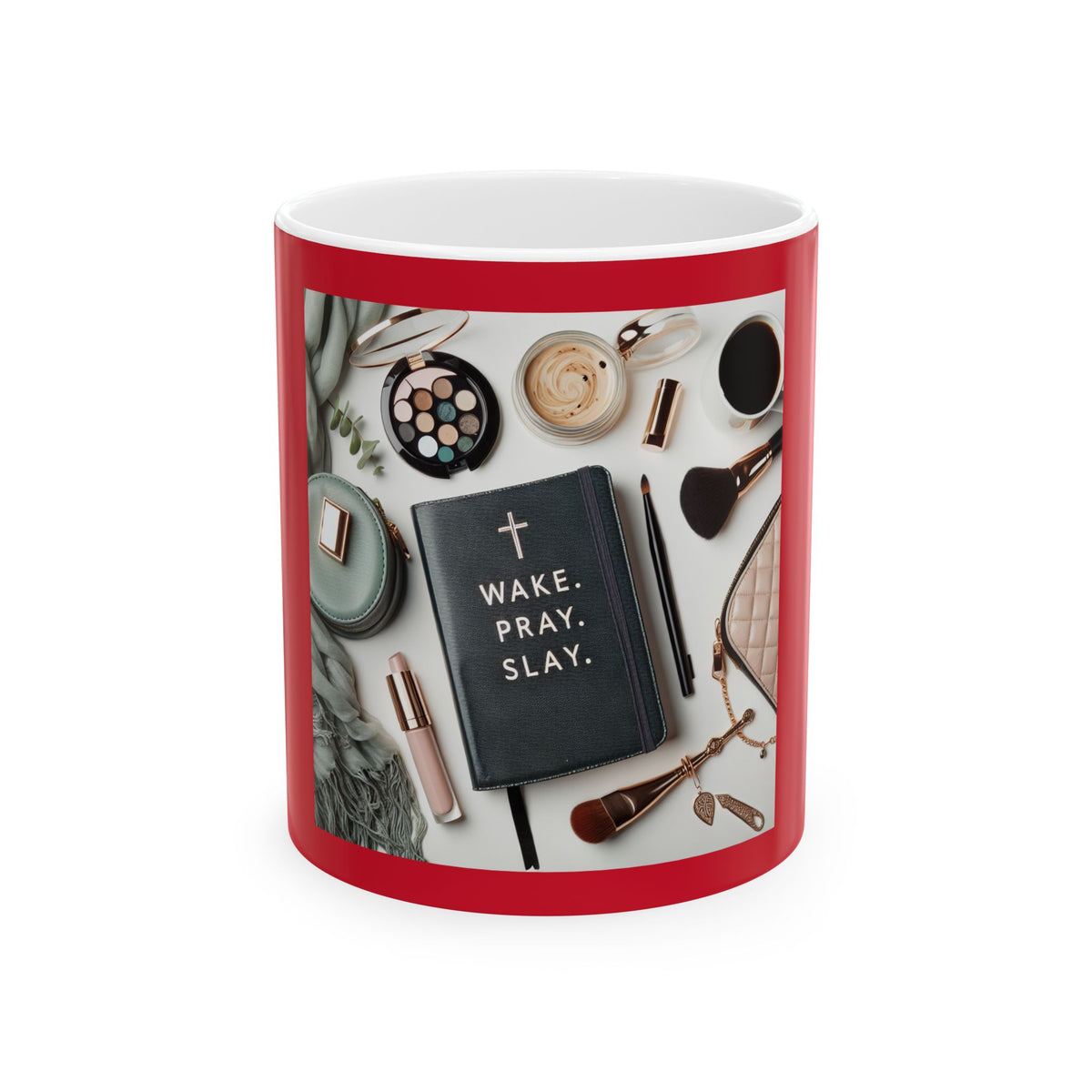Mug with a red rim and white interior and exterior, featuring various items and the text 'Wake. Pray. Slay.'