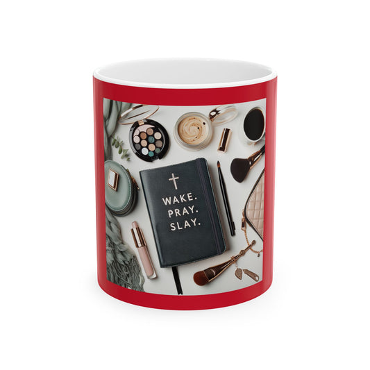 Mug with a red rim and white interior and exterior, featuring various items and the text 'Wake. Pray. Slay.'