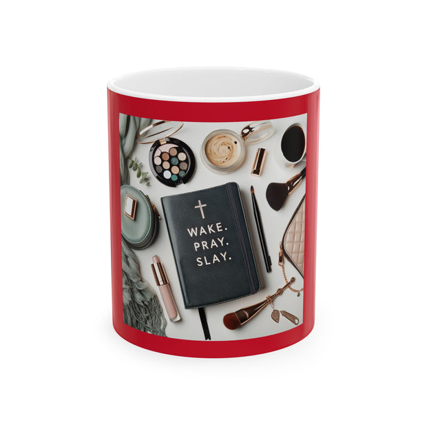 Mug with a red rim and white interior and exterior, featuring various items and the text 'Wake. Pray. Slay.'