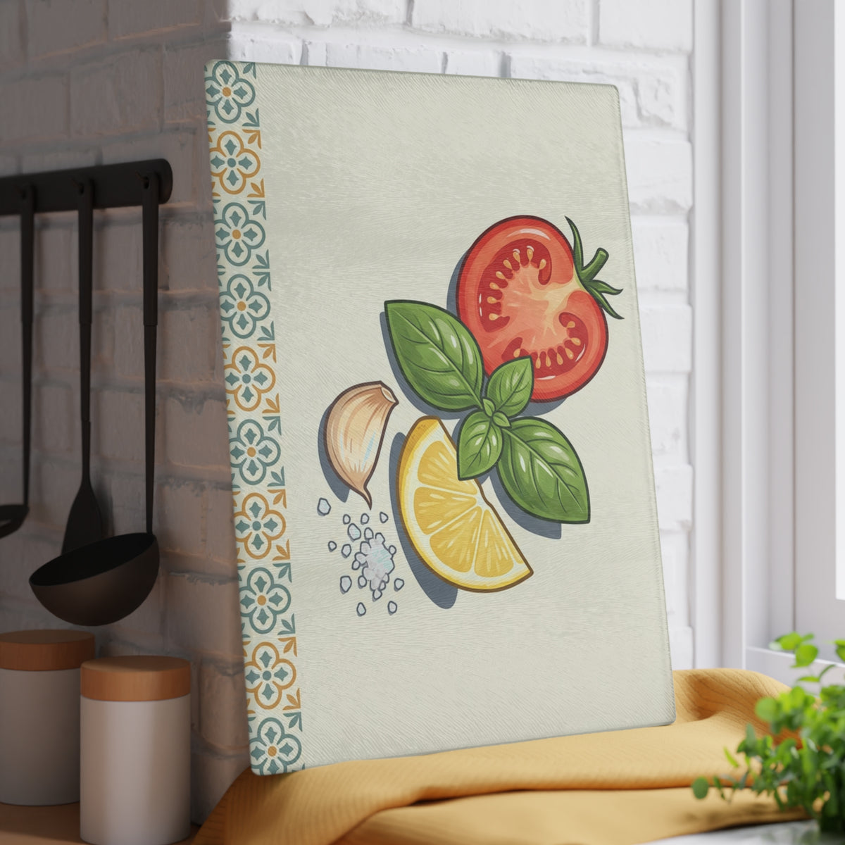 Tomato, Basil & Lemon Glass Cutting Board — Decorative Kitchen Chopping Board