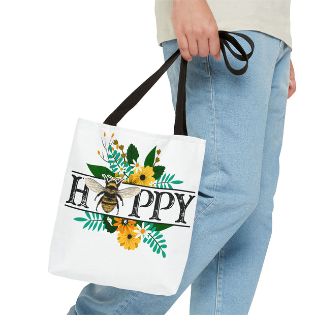 Happy Bee Floral Tote Bag, Bright Shopper, Eco-Friendly Gift, Spring Style, Mother's Day, Floral Design