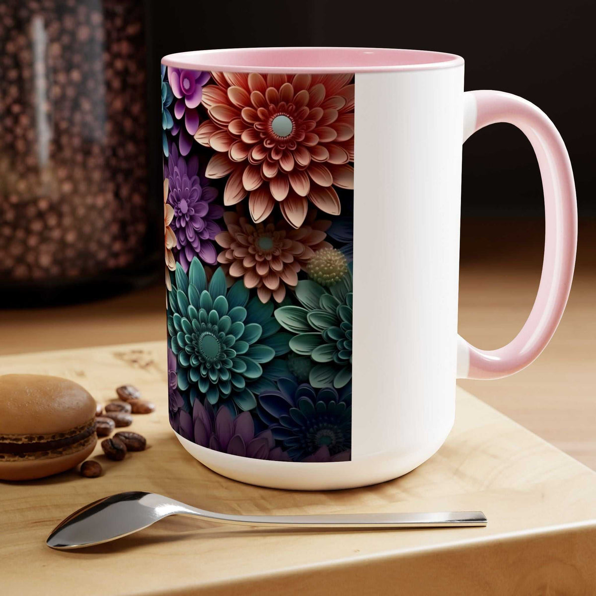 Floral Two-Tone Coffee Mugs, 15oz