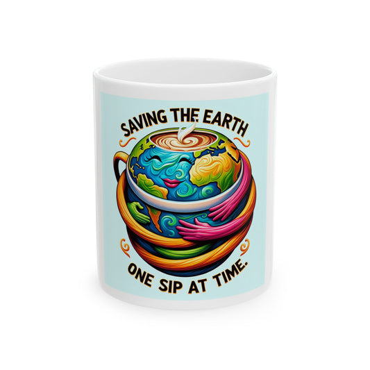 Mug with a colorful design of a coffee cup and world map, featuring the text 'Saving the Earth One Sip at Time' on a light blue background.
