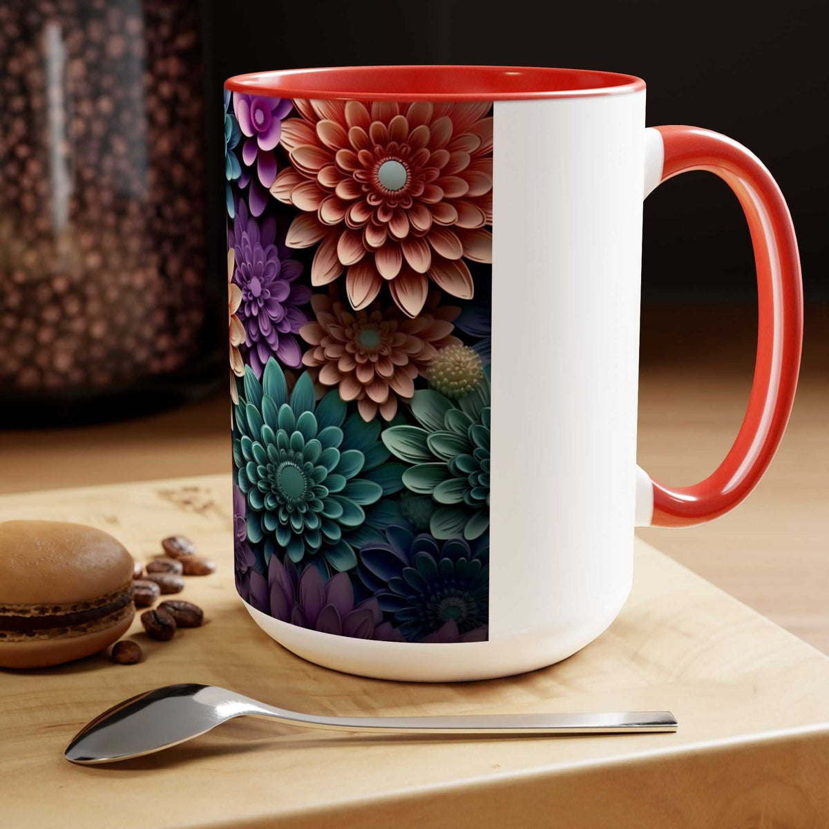Floral Two-Tone Coffee Mugs, 15oz