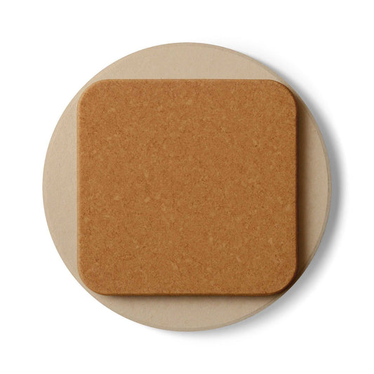 Round white ceramic coaster with square cork backing on top, durable and non-slip ceramic coaster set for home decor and gifts