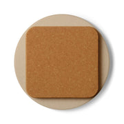 Round white ceramic coaster with square cork backing on top, durable and non-slip ceramic coaster set for home decor and gifts