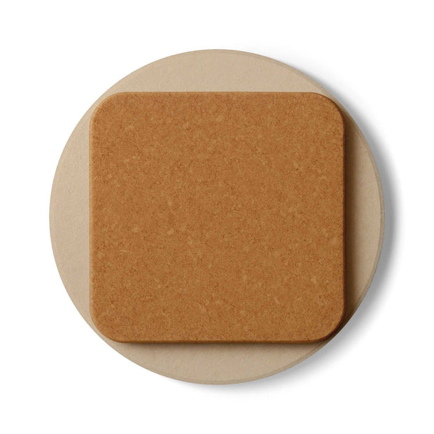 Round white ceramic coaster with square cork backing on top, durable and non-slip ceramic coaster set for home decor and gifts