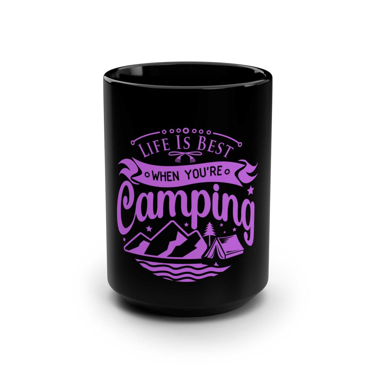 These Life is best when you are Camping black mugs come in one size – 15oz (0.44l) – plenty for morning caffeine boosts and hot cups of tea on a rainy day. They're easy to grip and feel sturdy thanks to the C-shaped handle. Add more personality by decorating them with your original designs. They'll be printed on the black ceramic material in picture-perfect quality with a glossy finish.