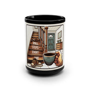 Mug with a design of a staircase, shoes, a cup, and a bag on a white background.
