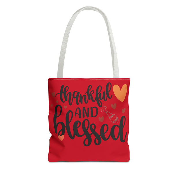 Thankful and Blessed Tote Bag, Gratitude Gift, Red AOP Bag, Fall Decor, Holiday Essentials, Everyday Use