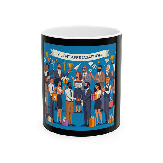 Mug with 'Client Appreciation' design featuring people and celebratory elements on a blue background.