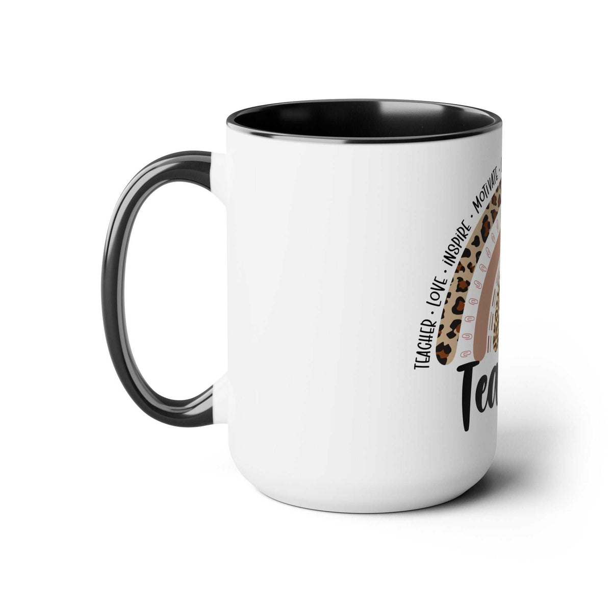 White ceramic Teacher Two-Tone Coffee Mug with black handle and interior, 15oz capacity, glossy finish.