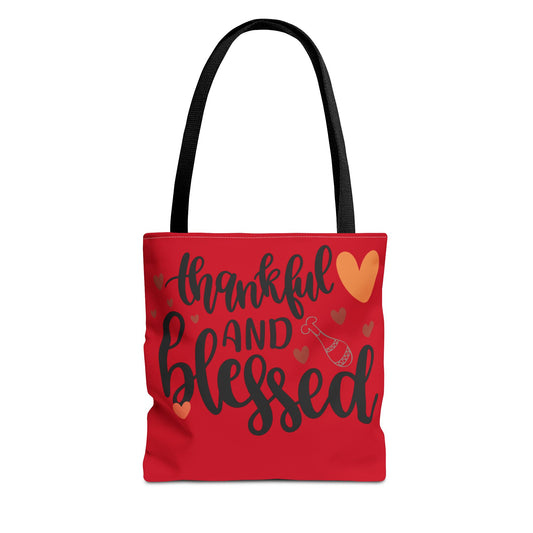 Thankful and Blessed Tote Bag, Gratitude Gift, Red AOP Bag, Fall Decor, Holiday Essentials, Everyday Use