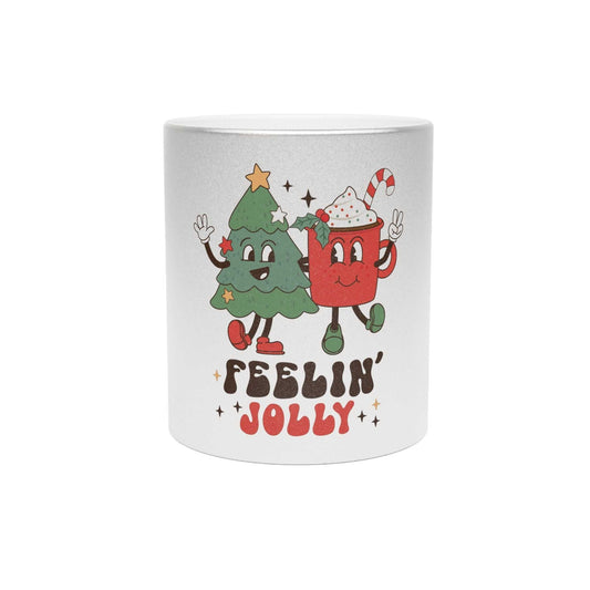Silver metallic mug with festive cartoon Christmas tree and red mug, "Feelin' Jolly" text holiday design