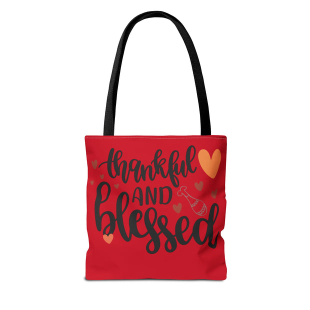 Thankful and Blessed Tote Bag, Gratitude Gift, Red AOP Bag, Fall Decor, Holiday Essentials, Everyday Use