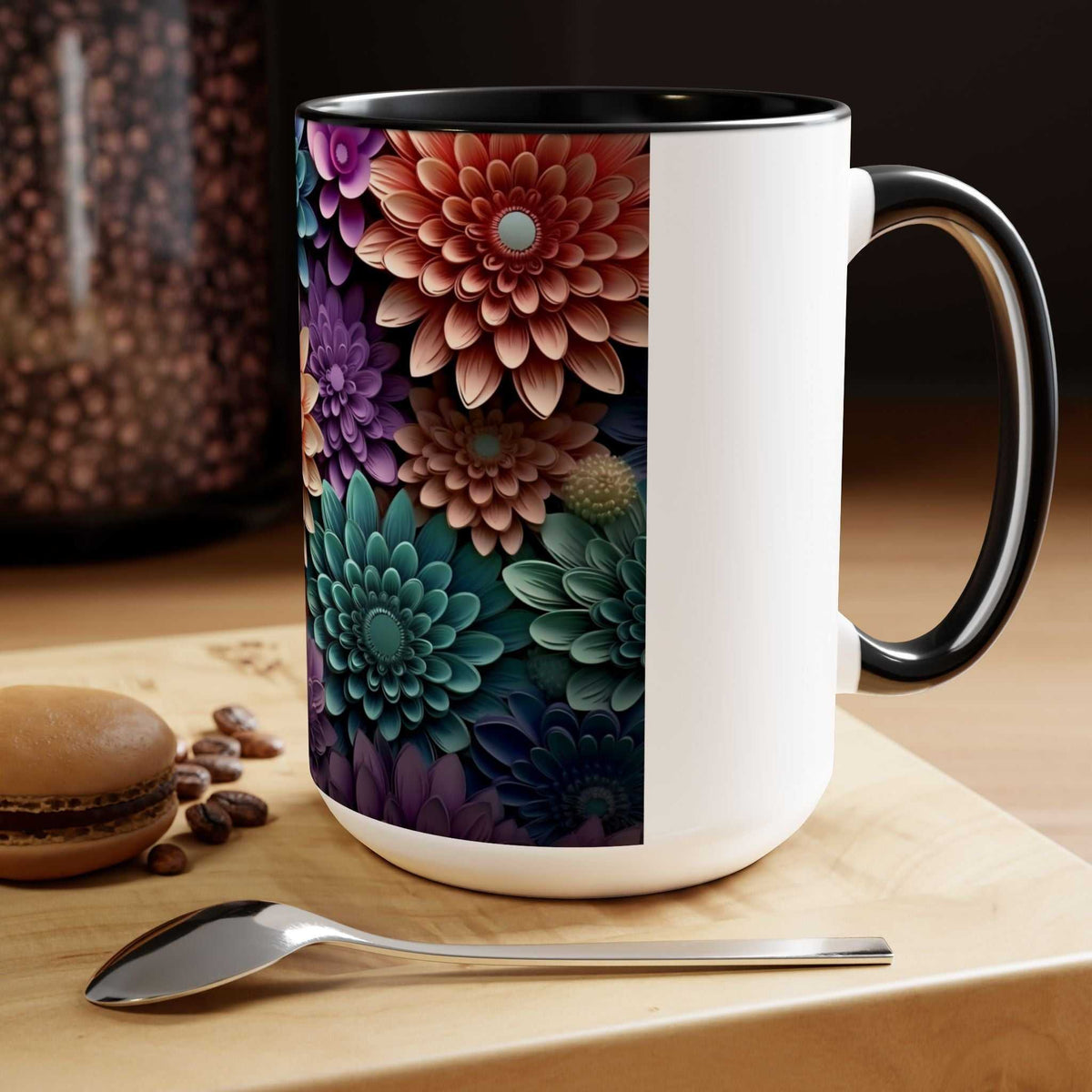 Floral Two-Tone Coffee Mugs, 15oz
