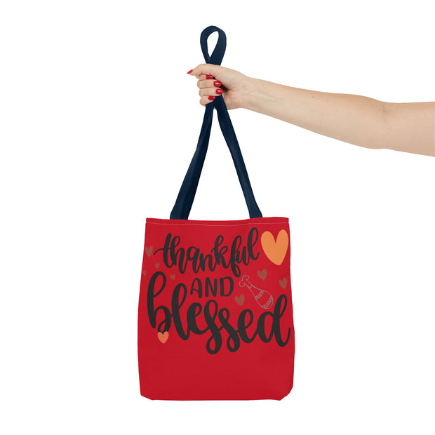 Thankful and Blessed Tote Bag, Gratitude Gift, Red AOP Bag, Fall Decor, Holiday Essentials, Everyday Use
