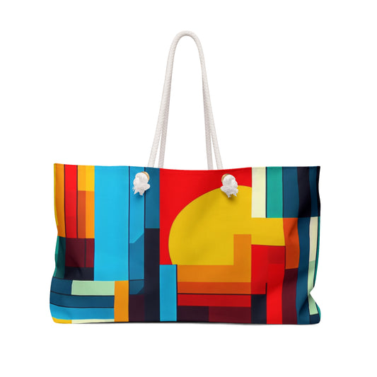 Colorful geometric-patterned tote bag with a white handle on a white background