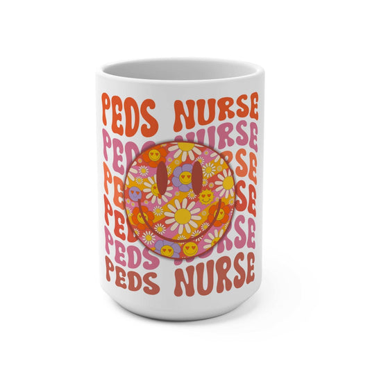 15oz white ceramic PEDS Nurse Mug with colorful smiley face and flower design, durable and large coffee cup with C-handle