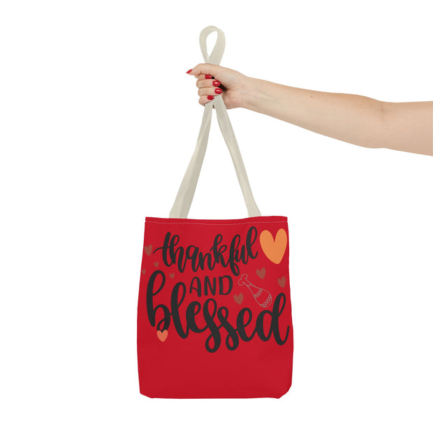 Thankful and Blessed Tote Bag, Gratitude Gift, Red AOP Bag, Fall Decor, Holiday Essentials, Everyday Use