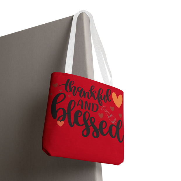 Thankful and Blessed Tote Bag, Gratitude Gift, Red AOP Bag, Fall Decor, Holiday Essentials, Everyday Use