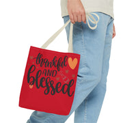 Thankful and Blessed Tote Bag, Gratitude Gift, Red AOP Bag, Fall Decor, Holiday Essentials, Everyday Use