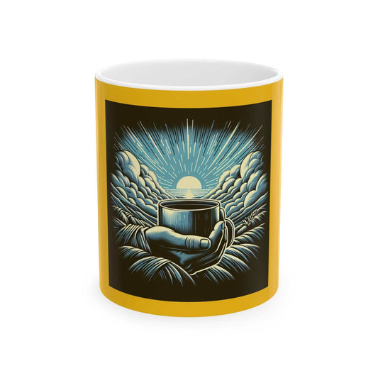 Inspirational ceramic mug with a hand holding a cup and a radiant sunrise design on a yellow background