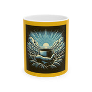 Inspirational ceramic mug with a hand holding a cup and a radiant sunrise design on a yellow background