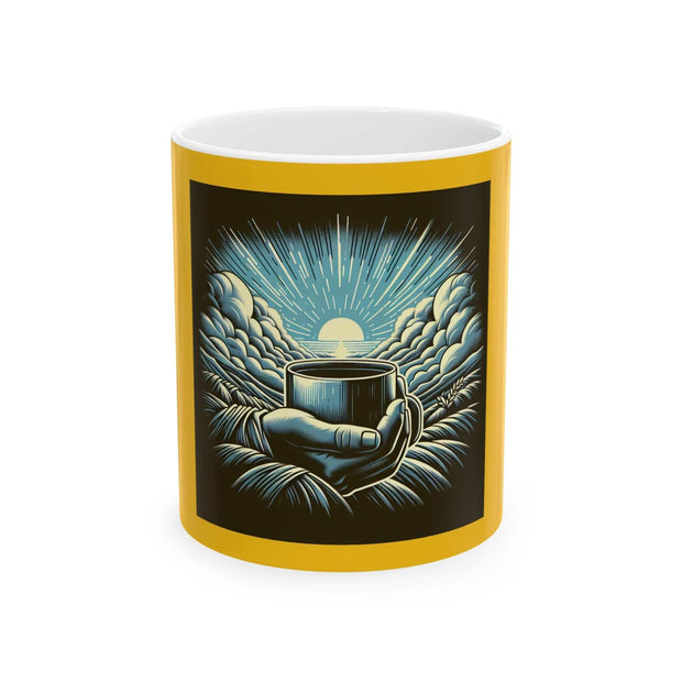 Inspirational ceramic mug with a hand holding a cup and a radiant sunrise design on a yellow background