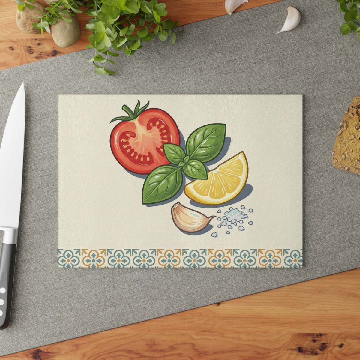 Tomato, Basil & Lemon Glass Cutting Board — Decorative Kitchen Chopping Board