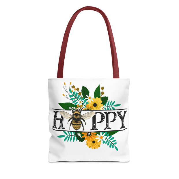 Happy Bee Floral Tote Bag, Bright Shopper, Eco-Friendly Gift, Spring Style, Mother's Day, Floral Design